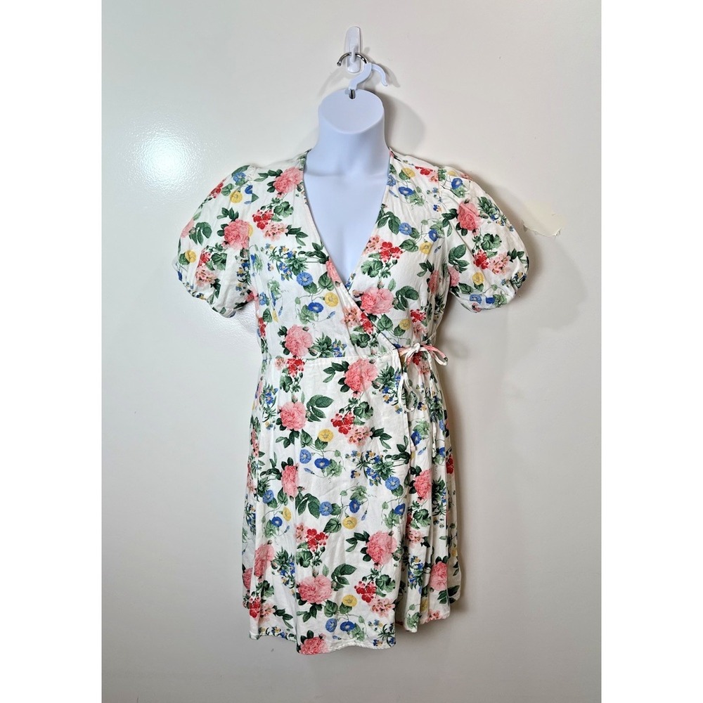 Old Navy Womens Linen Blend Floral Wrap Dress M Cottagecore Romantic French Girl